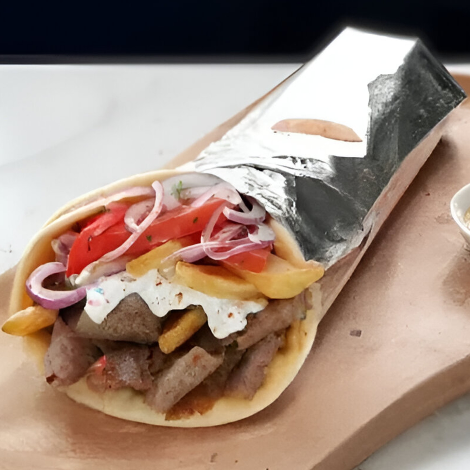 A Sammy's Touch gyro with meat, fries, tomatoes, onions, and white sauce, partially wrapped in foil.