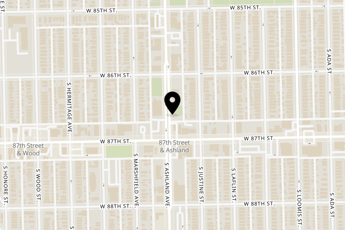 Map showing the location of Sammy's Touch South Ashland Ave on 8637 South Ashland Avenue in Chicago